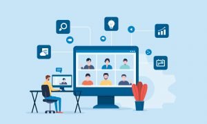 people connecting online with teleconference and video conference for meeting learning remote working and work from home concept. flat vector illustration design people connecting online with teleconference and video conference for meeting learning remote working and work from home concept. flat vector illustration design