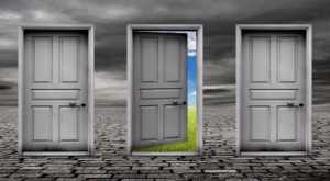 Image of three doors one open. "Open the door to recovery choice." LifeRing Secular Recovery
