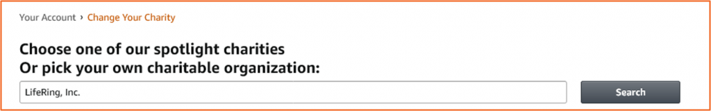 Image of LifeRing Charity picklist on AmazonSmile