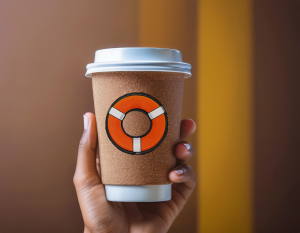 Coffee Cup raised by POC with a LifeRing logo on collar signifying support in Dry January