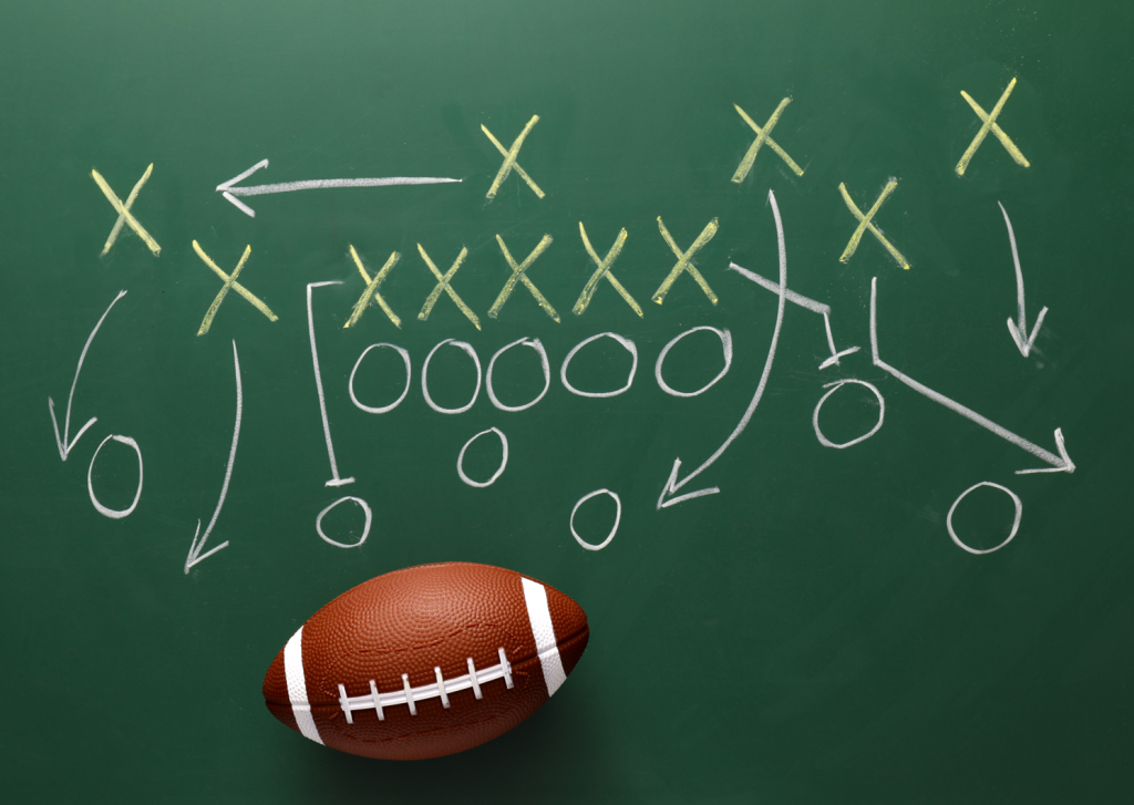 Image of scrimmage play on blackboard representing LifeRing Sober Bowl Sunday 