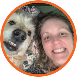 Headshot of LifeRing Annual Conference Keynote Speaker Jill Amos and her goldendoodle Kya