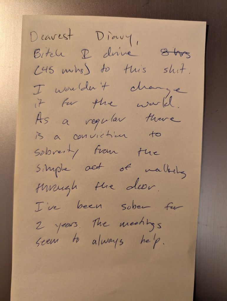 Image of note supporting LifeRing in-person meeting in Denver, Colorado