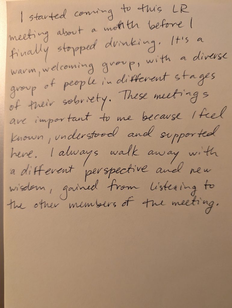 Image of note supporting LifeRing in-person meeting in Denver, Colorado