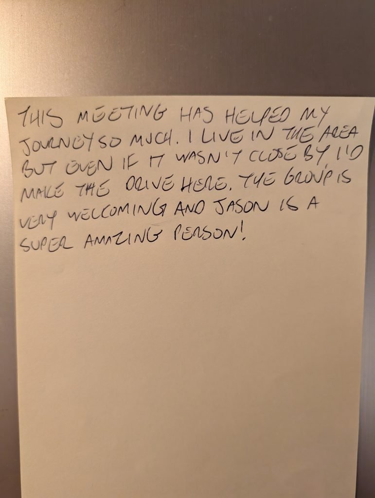 Image of note supporting LifeRing in-person meeting in Denver, Colorado