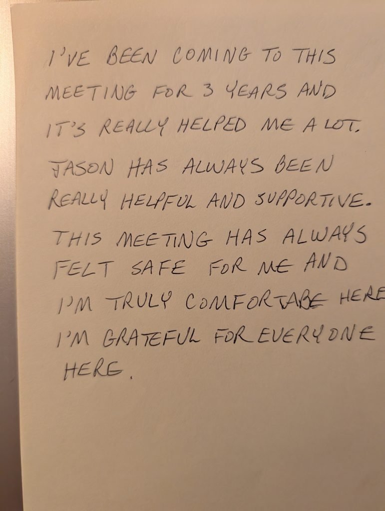 Image of note supporting LifeRing in-person meeting in Denver, Colorado