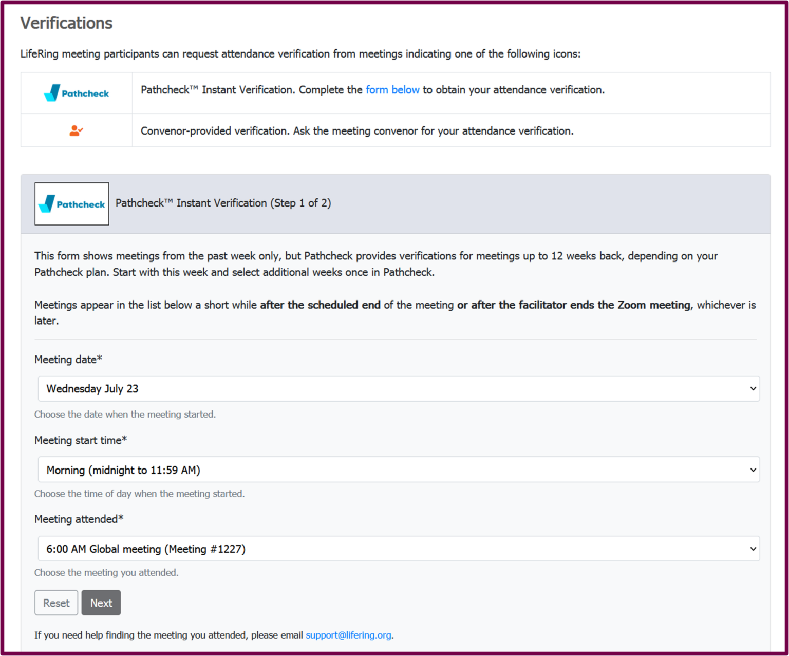 Image of LifeRing Meetings Attendance Verification Request form 