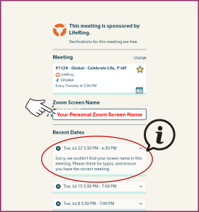 Screenshot of LifeRing meeting verification request form.