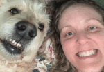 LifeRing Keynote Speaker Jill Amos Headshot of LifeRing Annual Conference Keynote Speaker Jill Amos and golden doodle doggie Kya